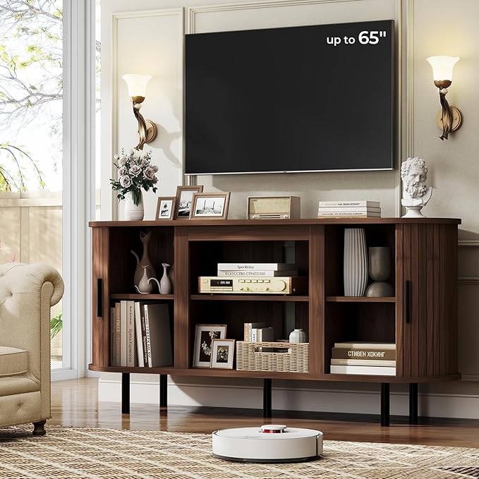 BREEZEHEAT 55'' Mid Century Modern Fluted TV Stand-Curved TV Cabinet with Storage Sliding Doors &amp Adjustable Shelves-Entertainment Center for TVs Up to 65 Inches Walnut Media Console for Living