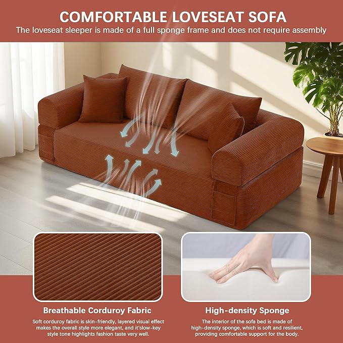 83 Modern Sofa in a Box No Assembly Oversized 3 Seater 28 Deep Seat Cloud Sofa Bed Couch with 4 Furry Pillows &amp Corduroy Fabric Boneless Couch with Side Storage Pockets for Living Room Orange