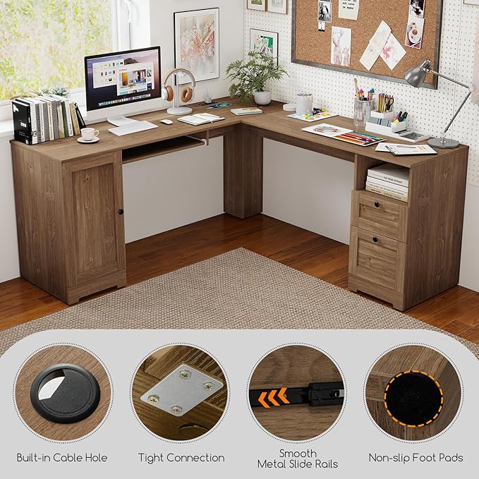 Tangkula 66” x 66” L-Shaped Office Desk with Power Outlets Modern Home Office Computer Desk with 2 Drawers Cabinet Adjustable Shelf &amp Keyboard Tray Corner Executive Desk for Working Writing
