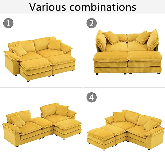84.6” Corduroy Loveseat with Ottoman Oversized Double Chaise Lounge Chair Indoor Deep Seat Two Seater Couch Cloud Couch Modular Sectional Sofa for Living Room(Corduroy Yellow)