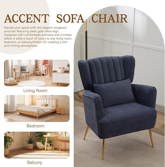 Fabric Accent Living Room Arm Chair Set of 2 Mid Century Modern Chairs with Pillow &amp Golden Legs 8.5 Thick Cushion Upholstered Comfy Sofa Armchair for Reading Room/Bedroom Navy