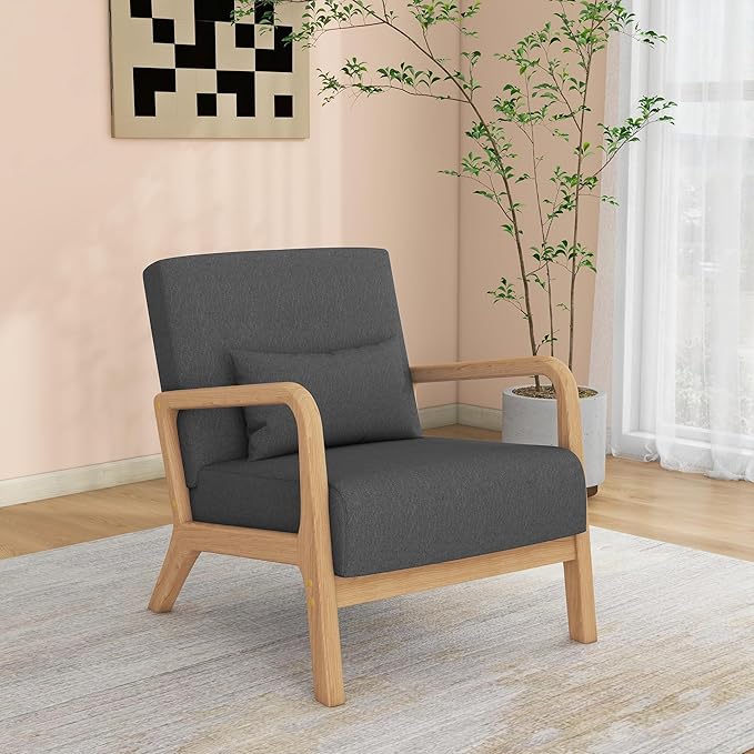 Accent Chair Mid Century Modern Armchair with Pillow Upholstered Lounge Sofa Reading Side Chair for Living Room Bedroom（Dark Grey Set of 1