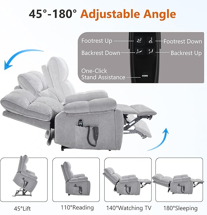 Oversized Power Lift Recliner Chair for Elderly Dual Motor Lift Chair with Vibration Massage &amp Lumbar Heating Standing Assistance Recliner with Cup Holders for Living Room - Chenille Fabric Gra