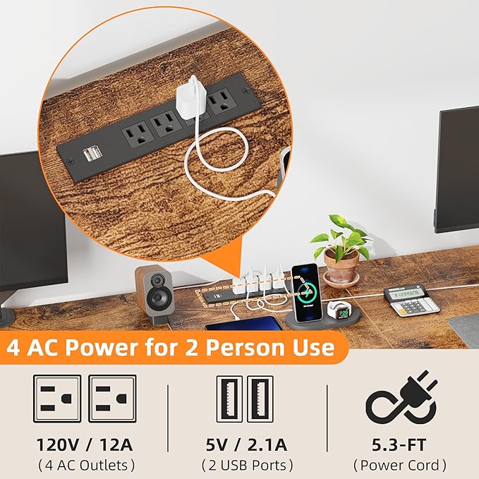 T-Shaped 2 Person Desk with Power Outlet Long Two Person Gaming Table with LED &amp Fabric Drawers 81.2'' Computer Desks with File Cabinet Double Workstation for Home Office Rustic Brown