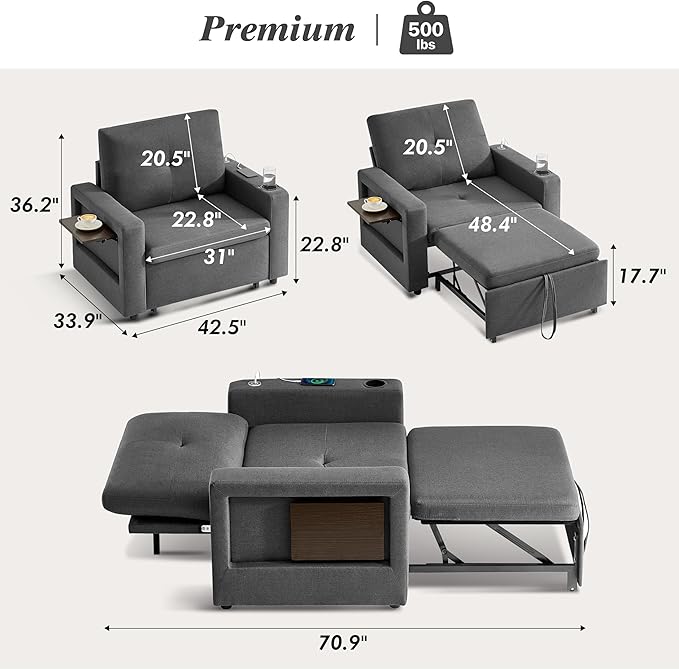 WEUP 42.5 Sleeper Sofa Chair Bed 3-in-1 Convertible Sleeper Chair with Pull Out Bed Adjustable Reclining Backrest Side Pockets Cup Holder USB Ports &amp Wing Table Premium Dark Grey