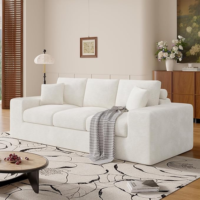 91.7 Boneless Sofa Couch with Layered Cushion3 Seater Cloud Couch with Deep SeatUpholstered Corduroy Floor Sofa with Removable Cover &ampThrow Pillows for Living RoomNo Assembly Beige