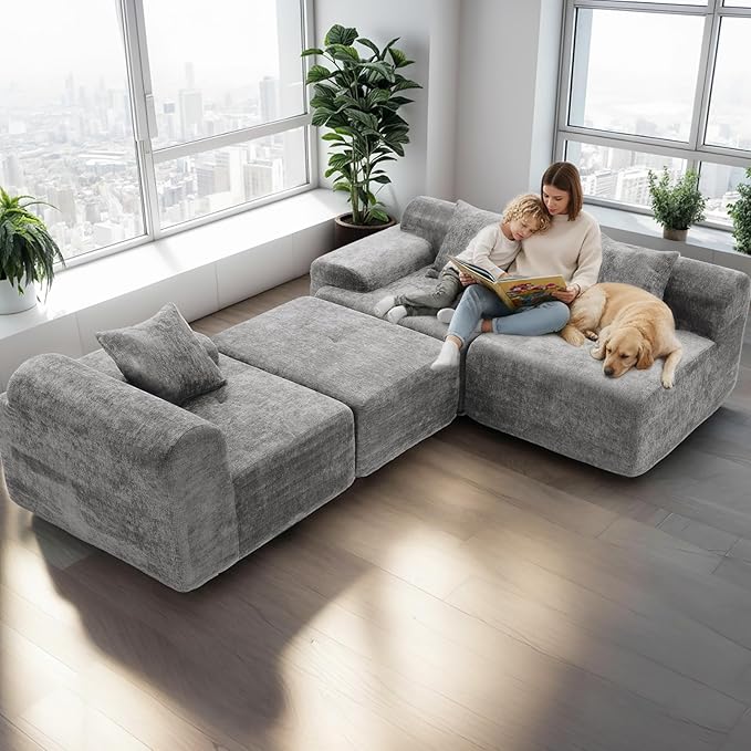 119’’ Modular Sectional Sofa Cloud Sectional Couch with Deep Seat Modern Modular Compression Sofa Couch with Chaise Upholstered Couches Throw Pillows for Living Room Bedroom Grey