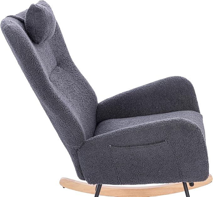 Modern Teddy Upholstered Nursery Rocking Chair for Living Room Bedroom(Dark Grey Teddy)
