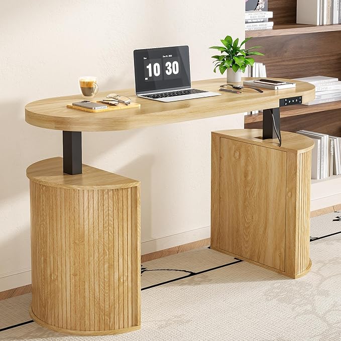 Mid Century Modern Electric Standing Desk with Storage 55 x 22 Inch Small Sit Stand Up Desk Wood Adjustable Height Computer Executive Desk for Home Office Laptop Oak