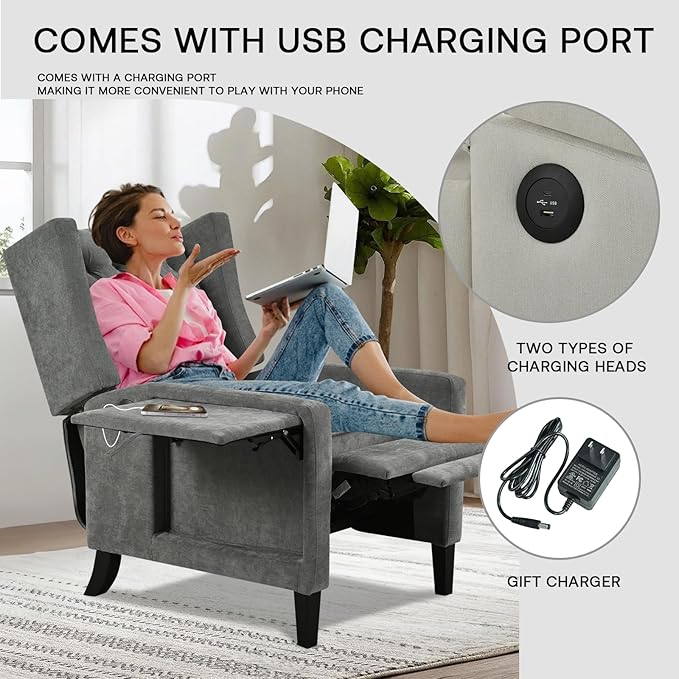 Manual Recliner Chair with Foldable Side Table USB Charger Wingback Tufted Wall Hugger Recliners for Small Spaces Living Room Bedroom Lazy Boy Style Recliner
