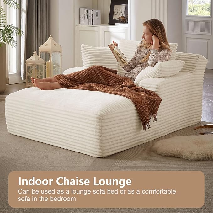 49.2 Oversized Chaise Lounge Chair IndoorCorduroy Boneless Reading Chair with 3 PillowsDeep Seat Cloud Sofa BedComfy Modern Sleeper Chairs in Box for Living Room BedroomNo Assembly(White)
