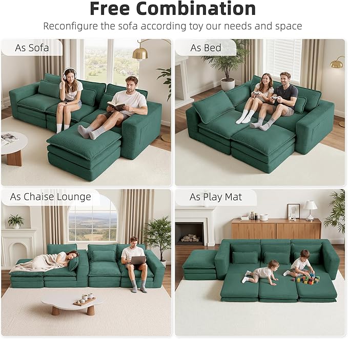 109 Sectional Couches Boneless Modular Sofa for Living Room with Ottoman | No Assembly Required Sofa Bed L shaped Couch | Corduroy Deep Seat Couch with Double Layer Cushion &amp Removable Cover | Gr