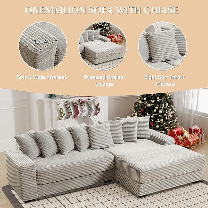 Comfy L Shaped Sectional Couches for Living Room 111 Oversized Modular Sectional Sofa with Chaise Lounge Modern Fluffy Plush Corduroy Couch with 8 Pillows (Right Facing Grey)