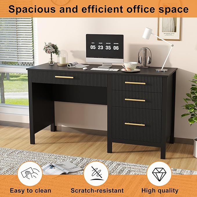 Black Executive Desk with Drawers: 54 Wood Computer Desk with File Drawer Modern Home Office Desks with Storage Fluted Writing Desks for Working Studying (Black 54)