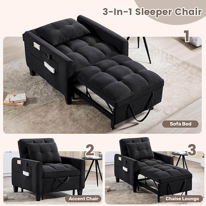 Modern Black Velvet 3 in 1 Sleeper Chair Bed Pull Out Sofa Bed Chair Adjustable Backrest 3 Reclining Positions Adult Size Indoor Use
