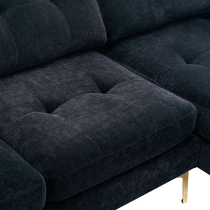 Merax Velvet L-Shape Sofa 4 Seat with Chaise and Movable Ottoman 110.6 Sofa Couch for Living Room Apartment Office (Black)