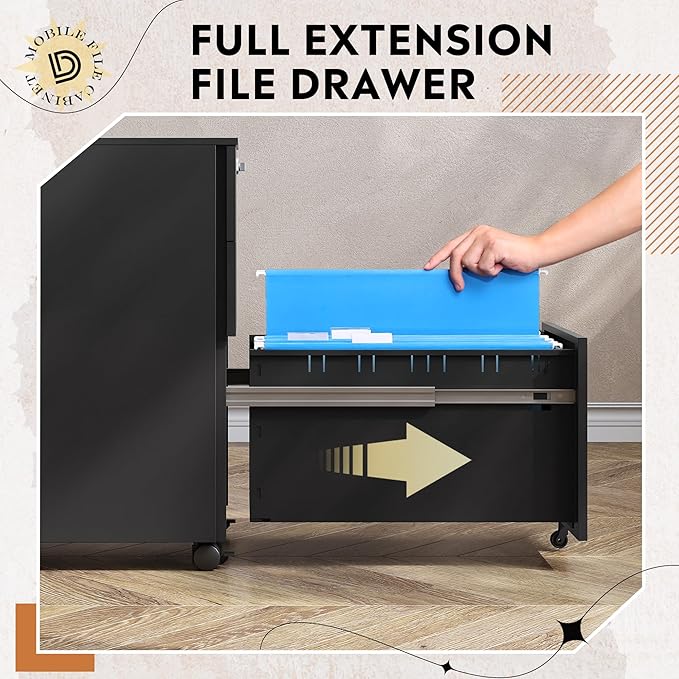 DEVAISE 3 Drawer File Cabinet with Combination Lock Fully Assembled Metal Filling Cabinet Except Wheels Mobile Under Desk File Cabinets for Home Office Black