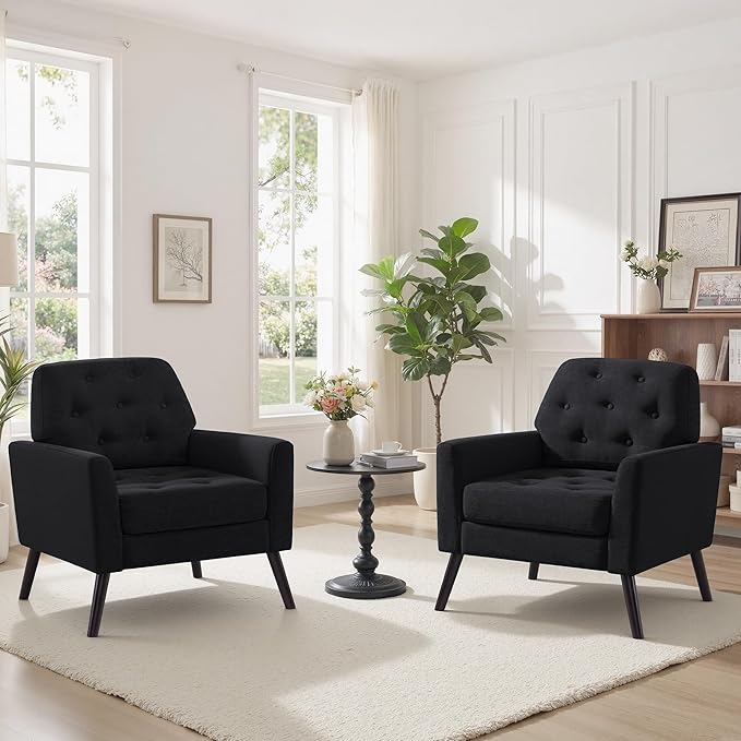 Accent Chair Set of 2 Mid Century Modern Living Room Chairs Upholstered Armchair with Tufted Back &amp Wood Legs Single Sofa Reading Side Chair for Bedroom Office Waiting Room Black