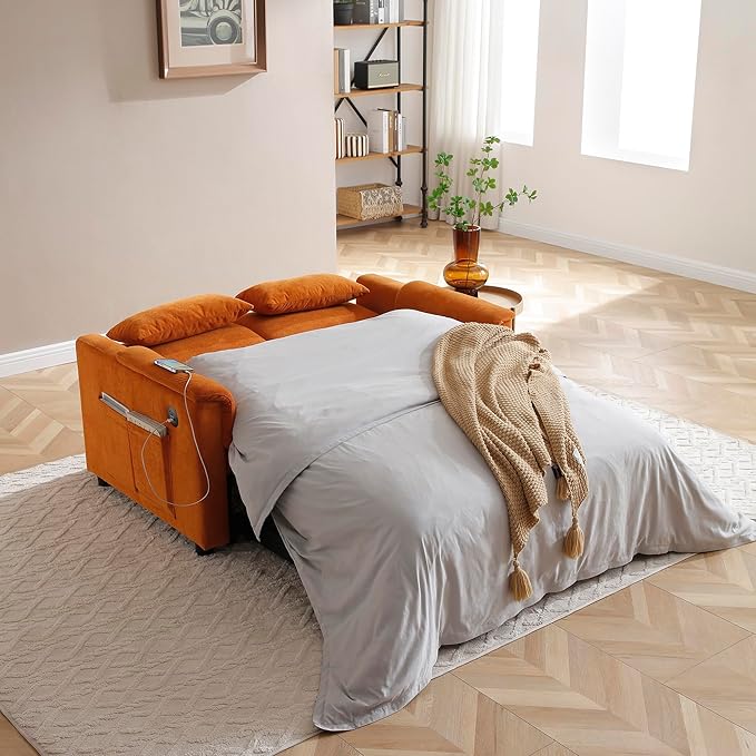 Livavege 55 Convertible Sofa Bed Velvet Pull Out Sleeper Sofa Couch Bed 3-in-1 Futon Loveseat with Adjustable Backrest USB Ports &amp 2 Side Pockets for Small Living Room Apartment Bedroom Ora
