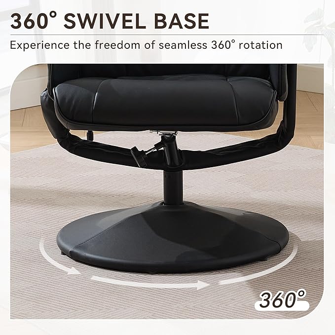 Recliner Chair with Ottoman - 360° Swivel Massage Lounge Chair with 5-Point Vibration and Heated Seat 140° Adjustable PU Leather Recliner for Living Room Home Theater or Office (Black)