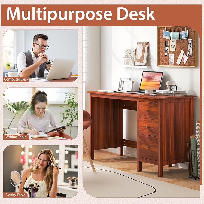 Computer Desk 48 Inch Home Office Desks with Drawers Modern Makeup Vanity Table Teens Writing Gaming Desk White Desk with Drawers for Bedroom Study Office (Brown)