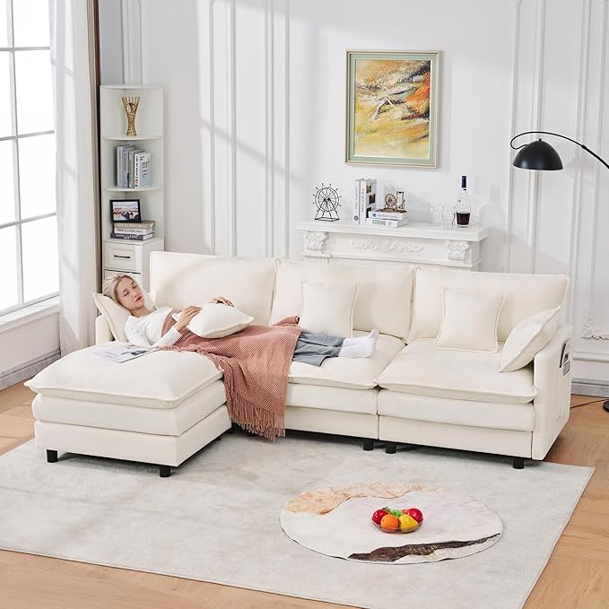 KEIKI 101.9 Modular Sectional Sofa with Movable Ottoman 3 Seat Modern Sofa Set L-Shape Sectional Couches for Living Room Apartment Beige