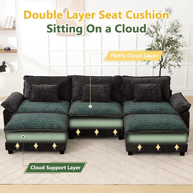 120 U Shaped Couch Modular Sectional Sofa Cloud Couch with Movable Ottoman Modern Chenille Deep Seat Sleeper Sofa with Throw Pillows for Living Room and Apartment (Black 5-Seat)