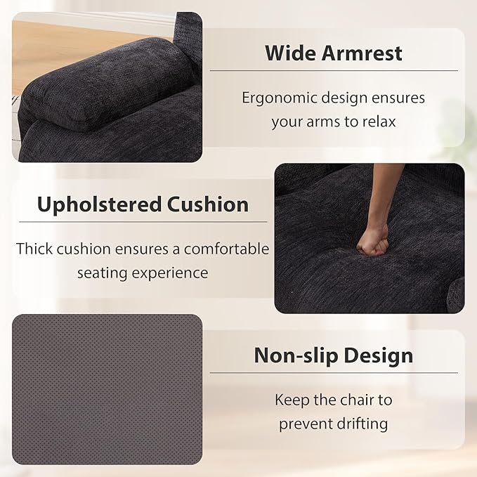 Mlmh &amp Kngwa 42 inch Boneless Accent Chair Comfy Reading Nook Chair Oversized Bean Bag Chenille Chairs Single Couch with Wide Armrest for Living Room Bedroom Apartment Black