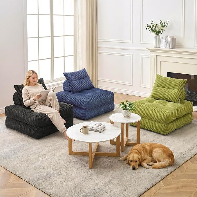 Folding Sofa Bed Fold Out Chair Bed with Pillow Convertible Sleeper Chair for Living Room/Small Spaces Foldable Lazy Sofa Bed Floor Chair Comfy Corduroy Couch Bed Navy Blue