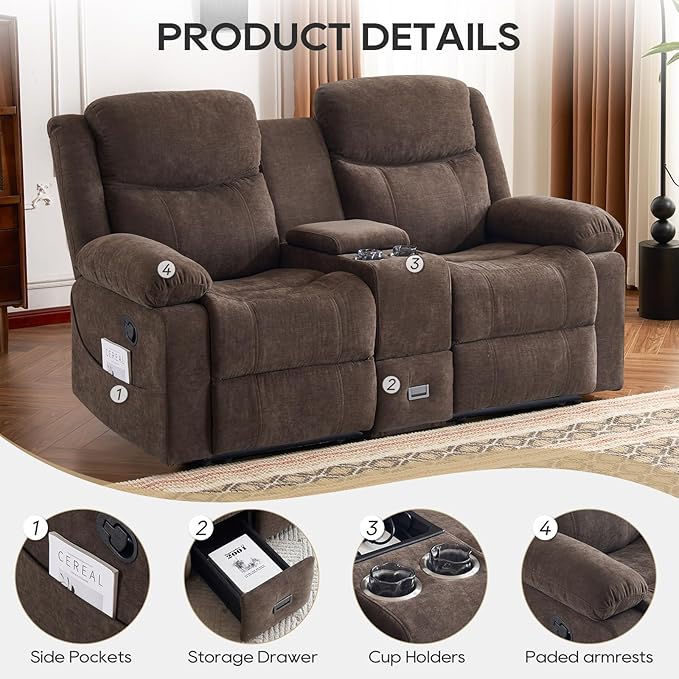 Recliner Sofa Reclining Loveseat Sofa with Massage &amp Heat Reclining Couch with Side Pockets Extra Storage Cup Holders for Living Room