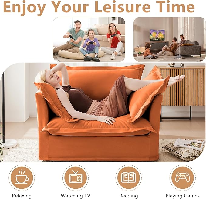 Modern Single Sofa Chair 49 Slipcovered Armchair Oversized Upholstered Accent Chair Comfy Cloud Deep Seat Sofa Chair with 2 Throw Pillows for Living Room Bedroom Apartment Chenille Orange