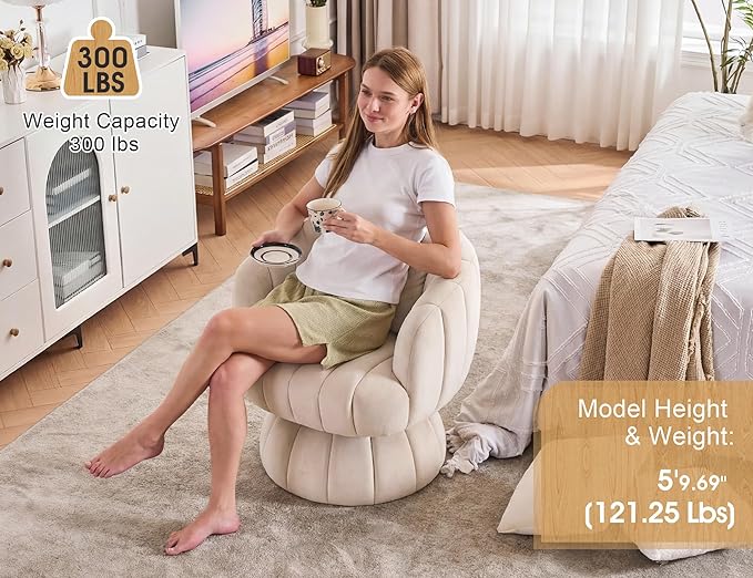 Mid Century Modern 360 Degree Barrel Swivel Accent Sofa ChairFluffy Velvet Fabric Lounge Wide Upholstered Pumpkin Reading Chair Round Cloud Armchair for Living RoomBedroomVanity(Beige)