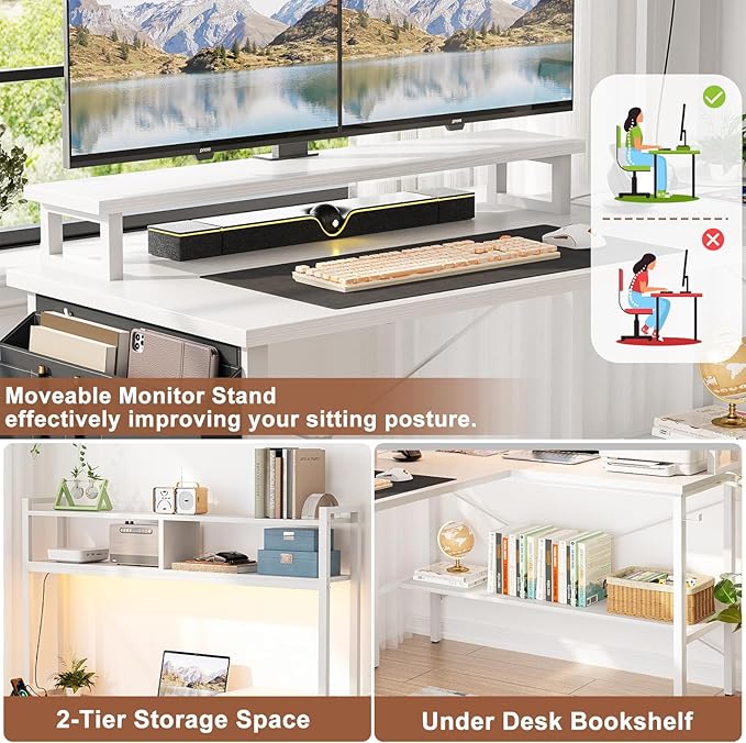 Aheaplus L Shaped Gaming Desk with Power Outlets &amp LED Lights Small L- Shaped Desk Computer Corner Desk with Monitor Stand &amp Storage Shelf Home Office Desk Writing Desk with Storage Bag Whi