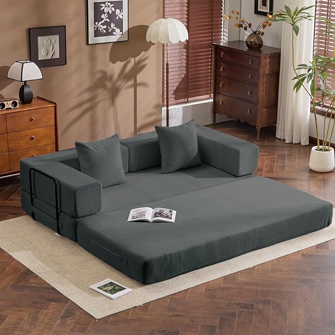 Convertible Sleep Sofa Bed with Armrests and Backrest Corduroy Folding Couch with 2 Pillow Modular Sectional for Living Room Bedroom Studio-No Assembly NeededGrey