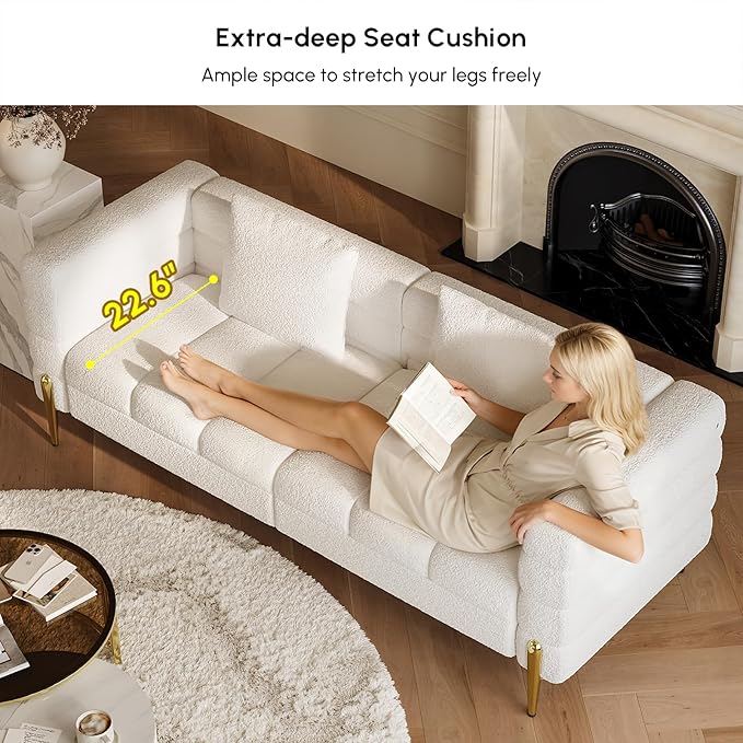 homary Sofa 79 Boucle Upholstered Sofa Modern White Couches for Living Room 3 Seater Sofa Couch with Pillows (Boucle White &amp Gold)