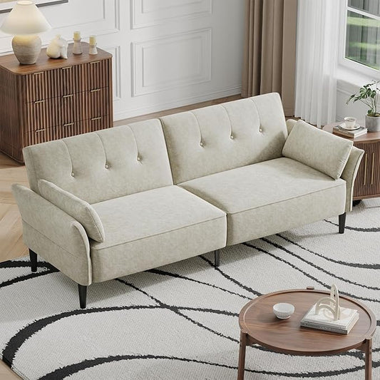 89” Futon Sofa Bed Comfy Futon Couch Bed with 2 Square PillowsConvertible Sleeper Sofa with Adjustable Backrest&amp Armrests Modern Loveseat Sleeper for Living RoomVelvet Fabric White