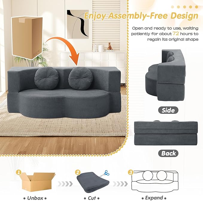 Folding Futon Sofa Bed Modern Convertible Fold Out Chenille Cloud Memory Foam Boneless Floor Lounge Loveseat Sleeper Mattress Sofa Couch with 2 Pillows for Guest Room Living Room Office Grey