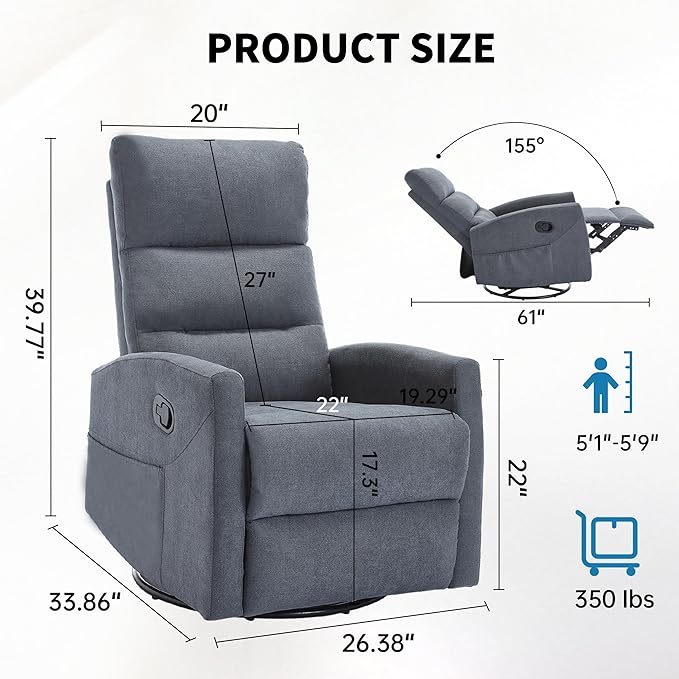 360° Swivel Rocking Chair for Nursery Manual Glider Chair Nursing Chair with Side Pockets Polyester Glider for Living Room Heavy Duty Motion Mechanism Gray
