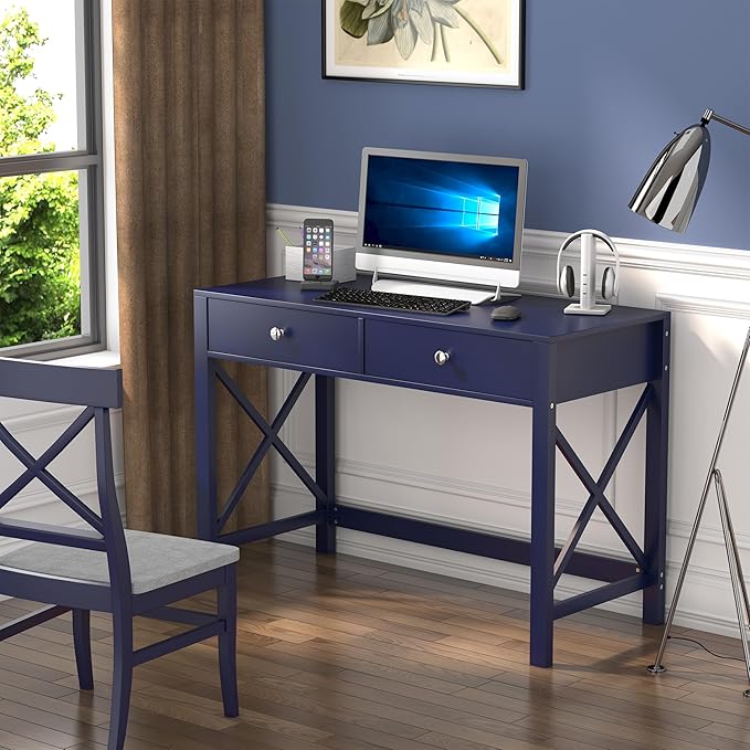 WiberWi Home Office Desk with Drawers Modern Writing Computer Desk for Bedroom Small Navy Makeup Vanity Table Study Table