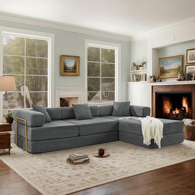 108 W Corduroy Modular Cloud Couch with Fixed-Shape Frame Oversized L-Shaped Sectional Sleeper Sofa Bed with Pull Out Bed No Assembly Modern Floor Boneless Couch for Living Room (Gray)
