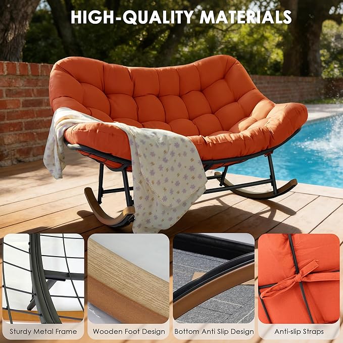 Double Papasan Rocking Chair Outdoor &amp Indoor Oversized Rocking Reclining Loveseat with Thick Cushion and Frame 660LBS Capacity Rocking Egg Chair for Porch Garden Living Room (Red)