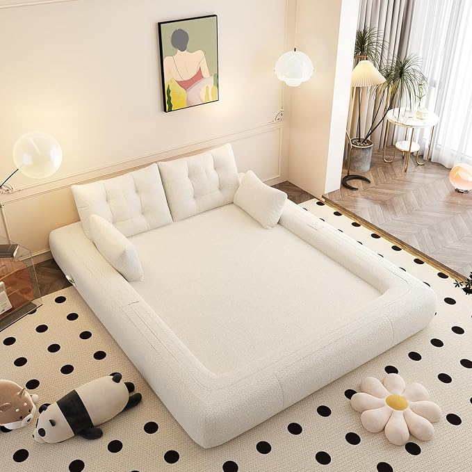 78.7 Convertible Sofa Bed 3-in-1 Folding Floor Couch with 4 Pillows Sleeper Sofa for Living Room and Guest Bed No Assembly Required (Beige Teddy Fabric)