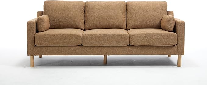Tbfit 83.5 Linen Couch 3 Seater Mid Century Modern Sofa with Spring Cusions &amp Extra Deep Seat for Bedroom &amp Living Room Comfy Upholstered Couches Easy Assembly with Solid Wood Legs Ginger