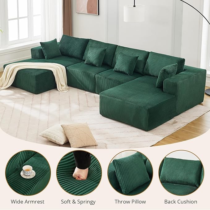 Sectional Cloud Boneless Couch 137 Modern Comfy U-Shaped No Assembly Required Convertible Compression Sleeper Modular Sofa with Corduroy Fabric Deep Seat Single + Chaise for Living Room