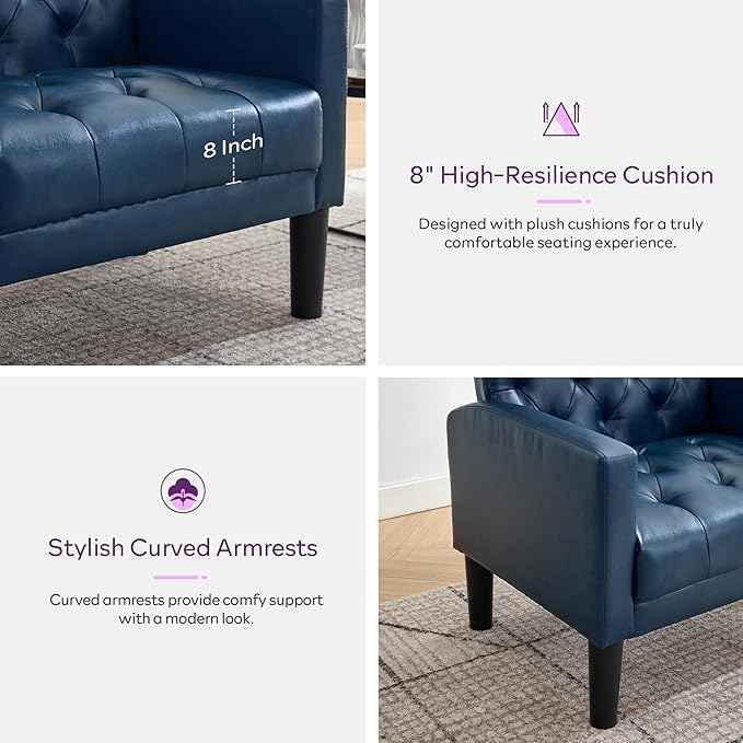 TYBOATLE Accent Chair Comfy Living Room Chair Leather Tufted Mid Century Modern Accent Chair Small Cozy Reading Arm Chair for Office Bedroom (1 Blue)