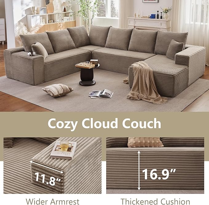 Sectional Cloud Couch with L-Shape Chaise Modern Modular Comfy Sofa with Deep Seat Upholstered Corduroy Couches Stupendous U Shaped Sofas for Living Room Bedroom No Assembly Required Camel