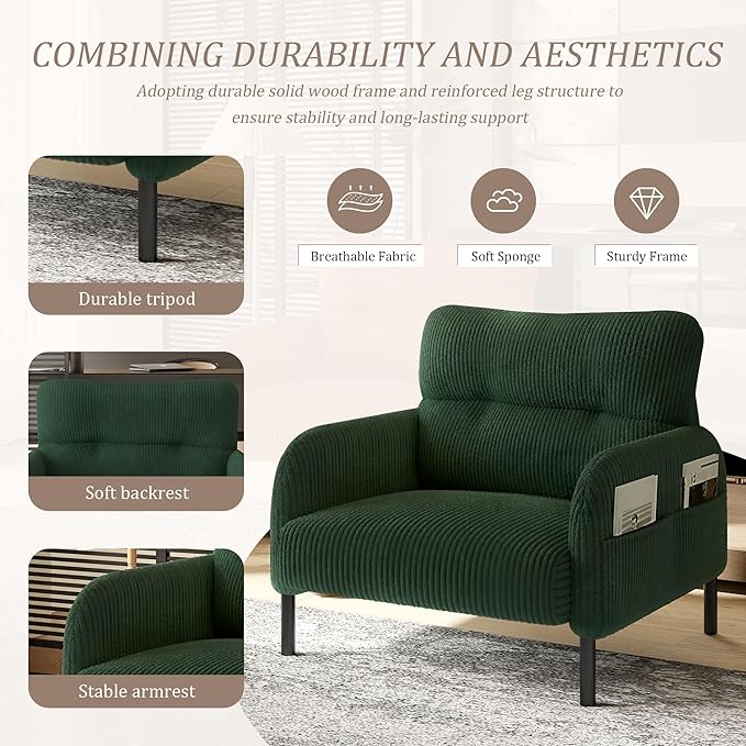 Emerald Accent Chair - Corduroy Living Room Chairs with Side Storage Pockets and Durable Legs Comfy Arm Reading Chair with Soft Backrest for Bedroom Balcony Study Room