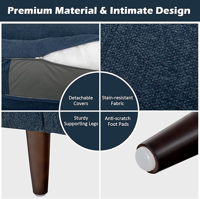Giantex Loveseat and Armchair Set Upholstered 2-Seat Couch and Single Sofa with Solid Wood Frame Mid-Century Modern Furniture for Living Room Small Spaces Bedroom Apartment Reception Room Blue