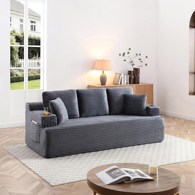 86 Small Cloud Loveseat Sofa in a Box Comfy Corduroy 2-Seater Boneless Couch Modern Deep Seat Sofa for Small Spaces Living Room &amp Apartment No Assembly Required (Grey 86 inch) | Memory Foam