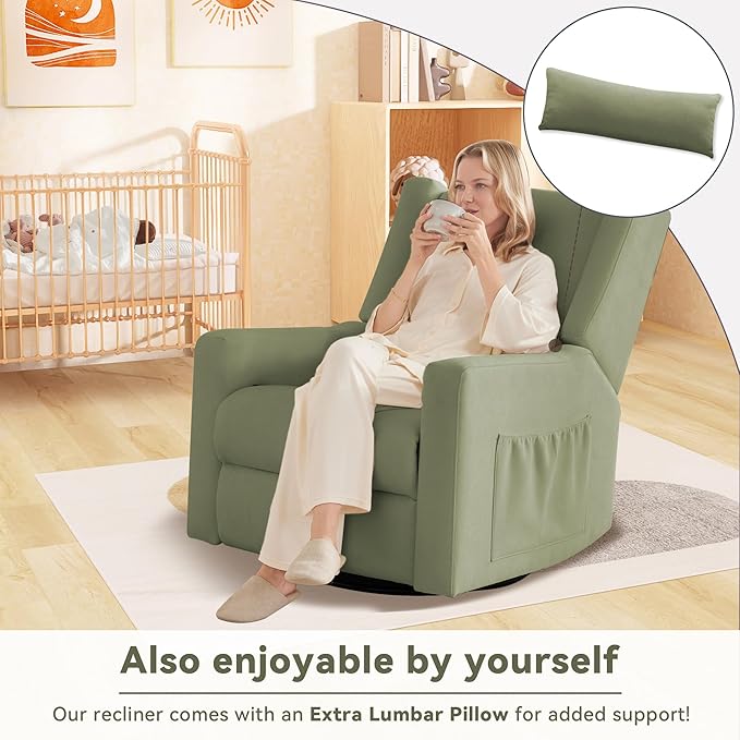 Tbfit 360° Swivel Recliner ChairNursery Rocking Chair with Lumbar Support for Bedroom Comfy Upholstered Armchair with Pillows &amp Footrest for Living Room (Hidden Ring Handle Green)